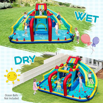 Inflatable Double Water Slide Park with Obstacle Course and 680W Blower - Inflatable Water Slides
