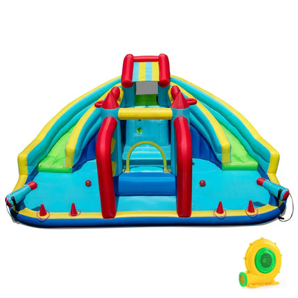 Inflatable Double Water Slide Park with Obstacle Course and 680W Blower - Inflatable Water Slides