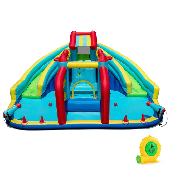 Inflatable Double Water Slide Park with Obstacle Course and 680W Blower - Inflatable Water Slides