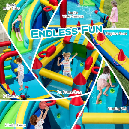 Inflatable Double Water Slide Park with Obstacle Course and 680W Blower - Inflatable Water Slides