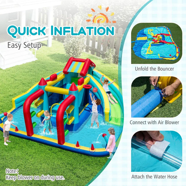 Inflatable Double Water Slide Park with Obstacle Course and 680W Blower - Inflatable Water Slides