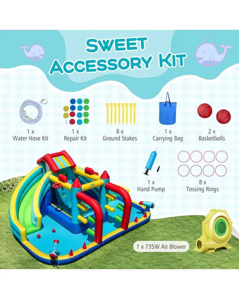 Inflatable Double Water Slide Park with Obstacle Course and 735W Blower - Inflatable Water Slides