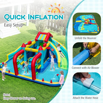 Inflatable Double Water Slide Park with Obstacle Course and 735W Blower - Inflatable Water Slides