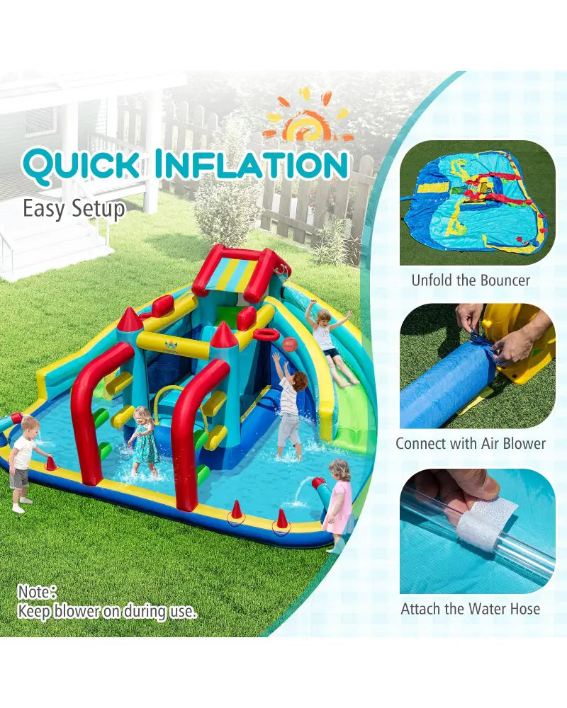 Inflatable Double Water Slide Park with Obstacle Course and 735W Blower - Inflatable Water Slides