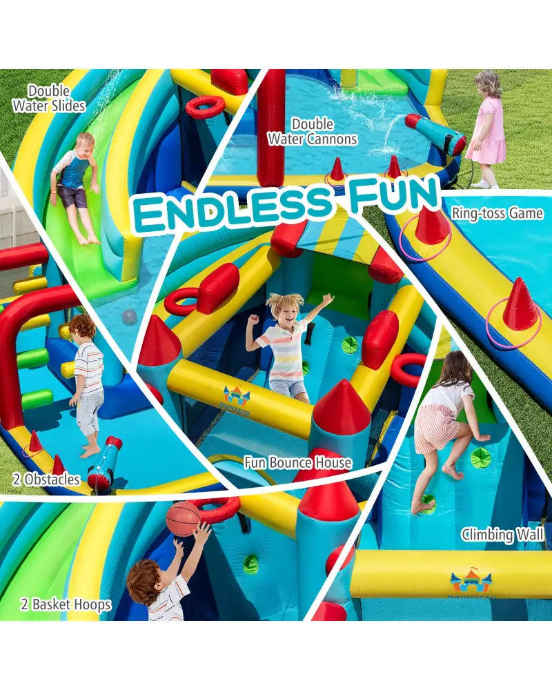 Inflatable Double Water Slide Park with Obstacle Course and 735W Blower - Inflatable Water Slides