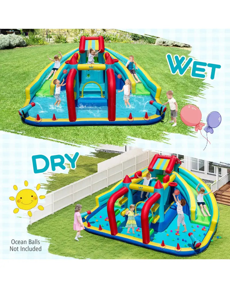 Inflatable Double Water Slide Park with Obstacle Course and 735W Blower - Inflatable Water Slides