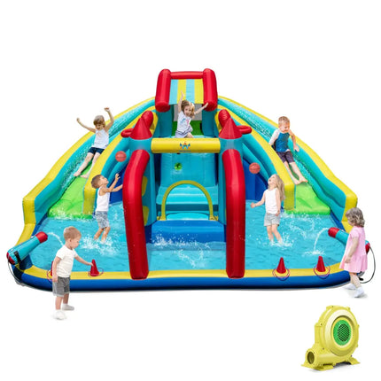 Inflatable Double Water Slide Park with Obstacle Course and 735W Blower - Inflatable Water Slides