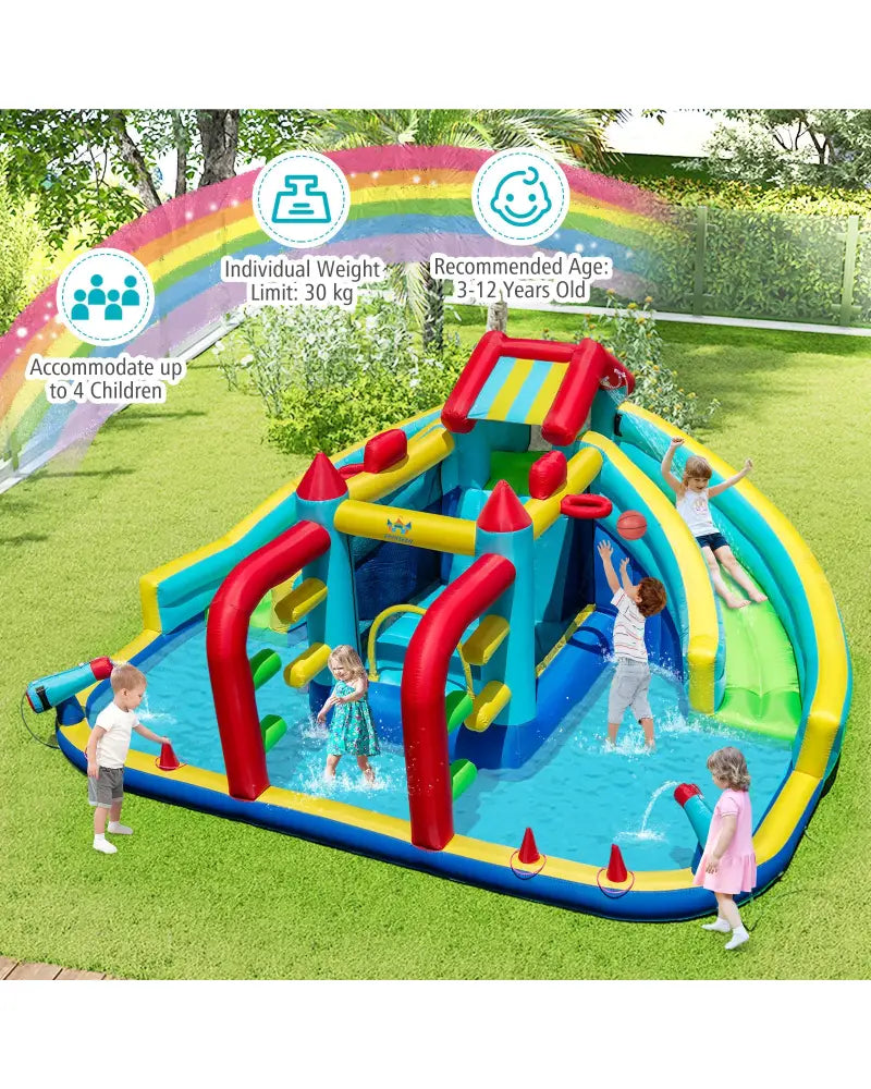 Inflatable Double Water Slide Park with Obstacle Course and 735W Blower - Inflatable Water Slides