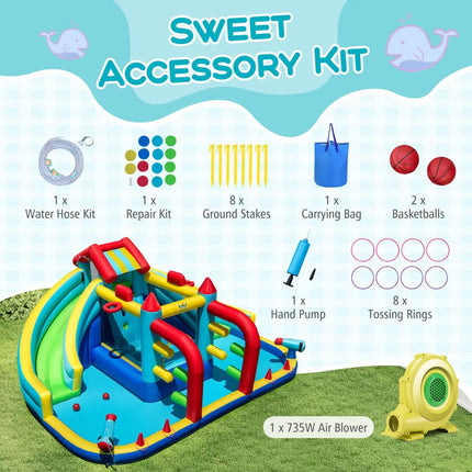 Inflatable Double Water Slide Park with Obstacle Course and 735W Blower - Inflatable Water Slides