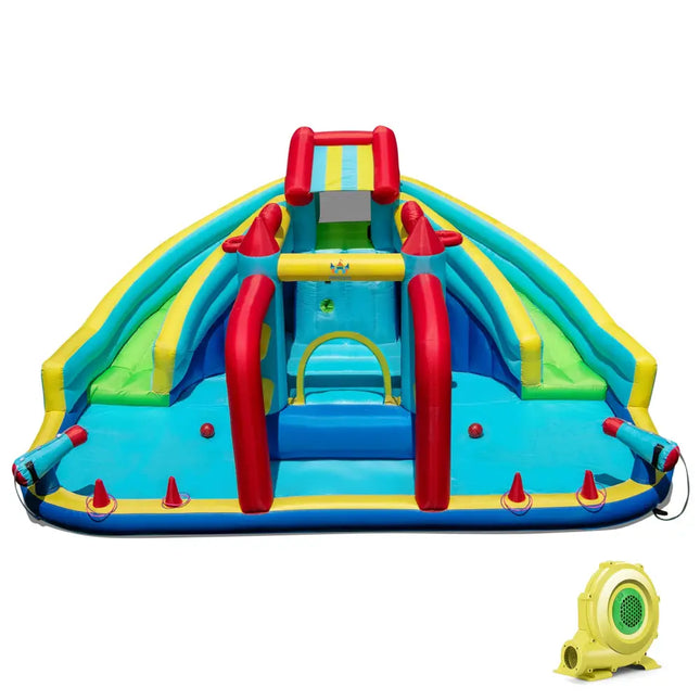 Inflatable Double Water Slide Park with Obstacle Course and 735W Blower - Inflatable Water Slides