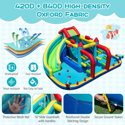 Inflatable Double Water Slide Park with Obstacle Course and 735W Blower - Inflatable Water Slides