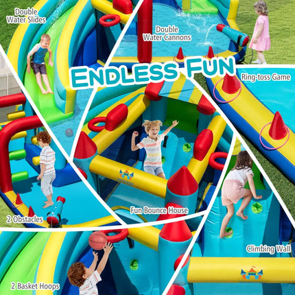 Inflatable Double Water Slide Park with Obstacle Course and 735W Blower - Inflatable Water Slides