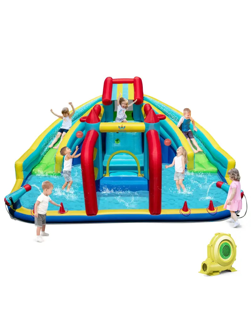 Inflatable Double Water Slide Park with Obstacle Course and 735W Blower - Inflatable Water Slides