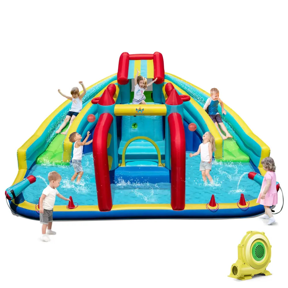 Inflatable Double Water Slide Park with Obstacle Course and 735W Blower - Inflatable Water Slides