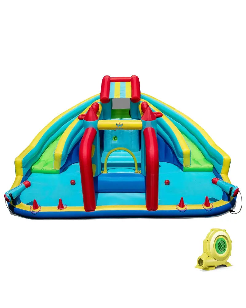 Inflatable Double Water Slide Park with Obstacle Course and 735W Blower - Inflatable Water Slides