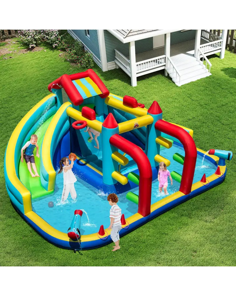 Inflatable Double Water Slide Park with Obstacle Course without 680W-750W Blower - Inflatable Water Slides