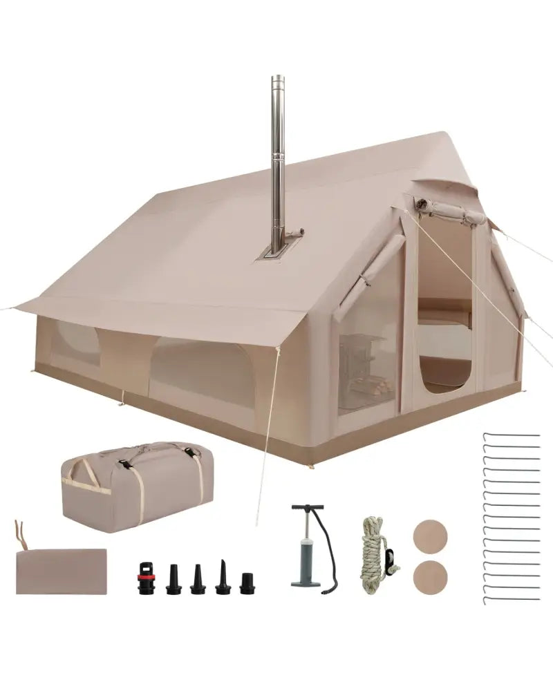 Inflatable Easy Setup 4 Season Waterproof Oxford Camping Tent for Camping with Stove Jack for 6-10 Person-Beige - Beige