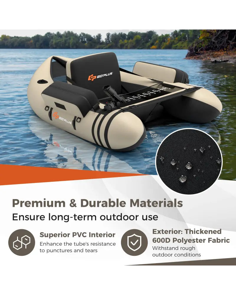Inflatable Fishing Float Tube with Fish Ruler and Pump Storage Pockets-Beige - Beige - Surfing