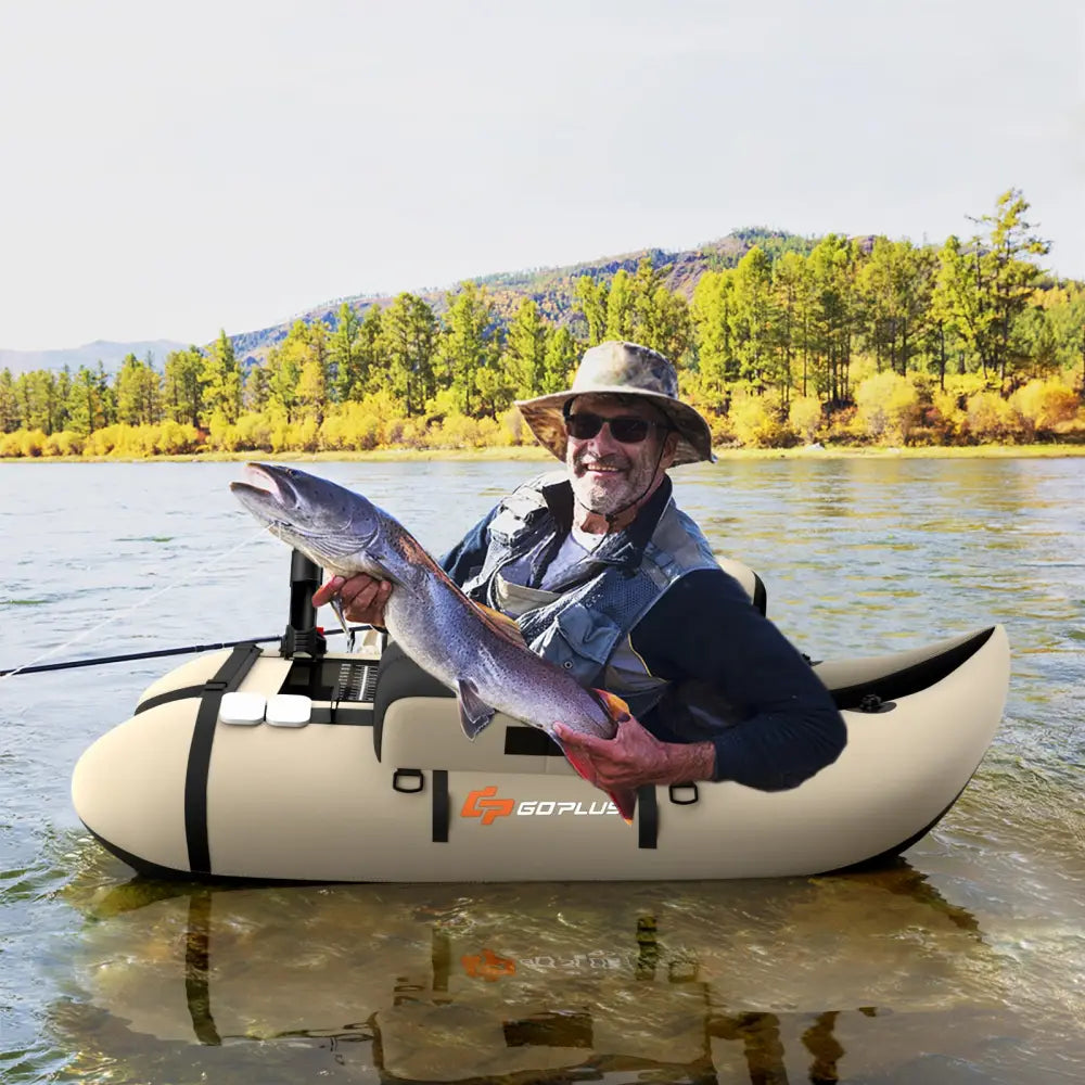 Inflatable Fishing Float Tube with Fish Ruler and Pump Storage Pockets-Beige - Beige - Surfing