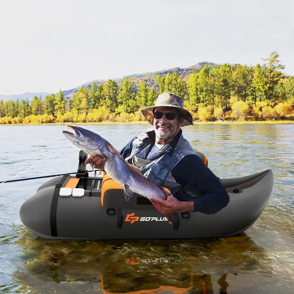 Inflatable Fishing Float Tube with Fish Ruler and Pump Storage Pockets-Gray - Gray - Surfing