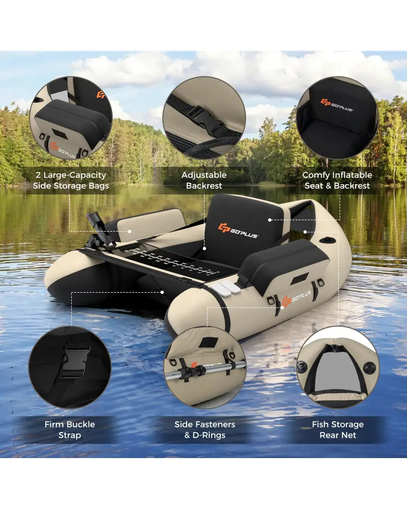 Inflatable Fishing Float Tube with Fish Ruler and Pump Storage Pockets-Beige - Beige - Surfing