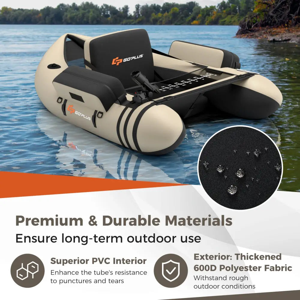 Inflatable Fishing Float Tube with Fish Ruler and Pump Storage Pockets-Beige - Beige - Surfing