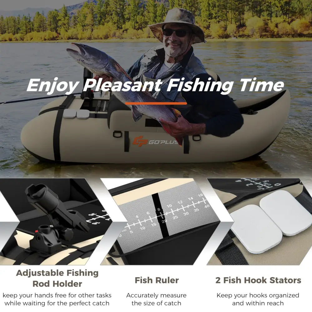Inflatable Fishing Float Tube with Fish Ruler and Pump Storage Pockets-Beige - Beige - Surfing