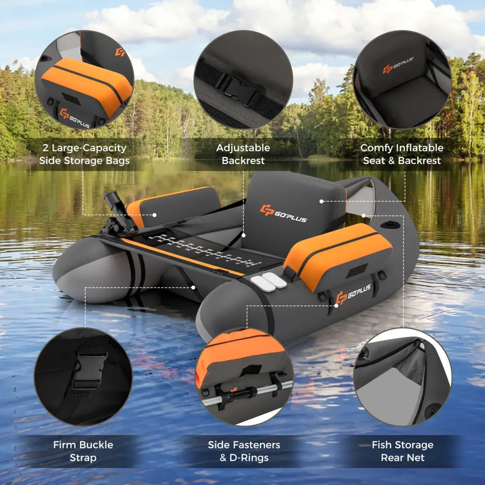 Inflatable Fishing Float Tube with Fish Ruler and Pump Storage Pockets-Gray - Gray - Surfing