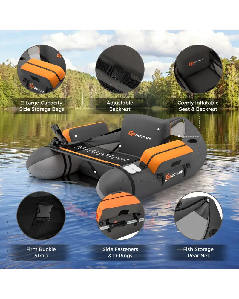 Inflatable Fishing Float Tube with Fish Ruler and Pump Storage Pockets-Gray - Gray - Surfing