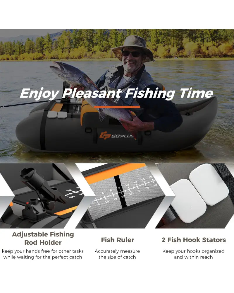 Inflatable Fishing Float Tube with Fish Ruler and Pump Storage Pockets-Gray - Gray - Surfing