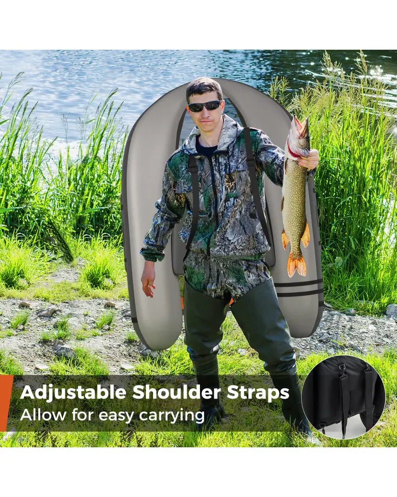 Inflatable Fishing Float Tube with Fish Ruler and Pump Storage Pockets-Gray - Gray - Surfing
