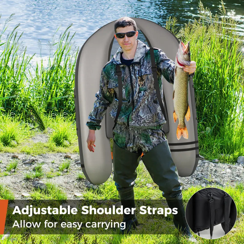 Inflatable Fishing Float Tube with Fish Ruler and Pump Storage Pockets-Gray - Gray - Surfing