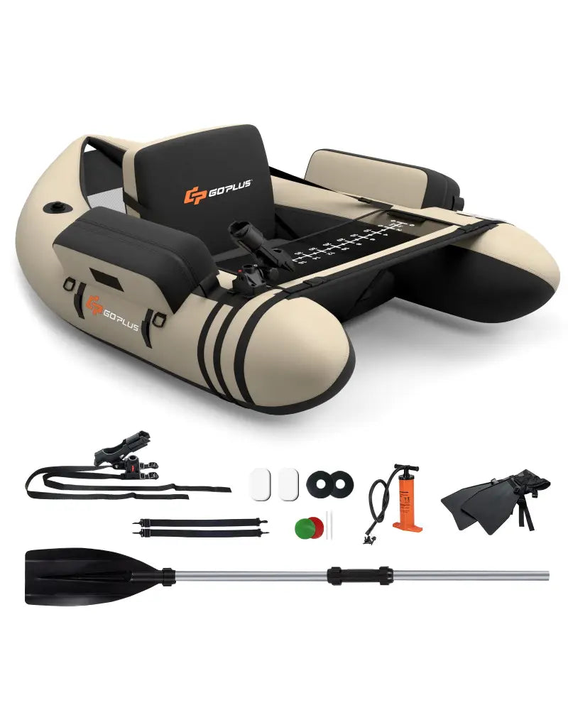 Inflatable Fishing Float Tube with Fish Ruler and Pump Storage Pockets-Beige - Beige - Surfing