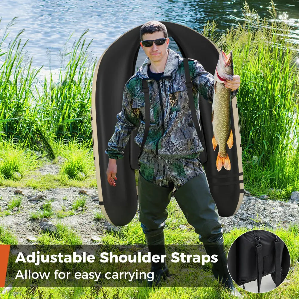 Inflatable Fishing Float Tube with Fish Ruler and Pump Storage Pockets-Beige - Beige - Surfing