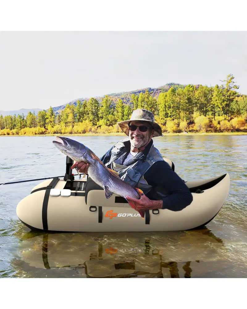 Inflatable Fishing Float Tube with Fish Ruler and Pump Storage Pockets-Beige - Beige - Surfing