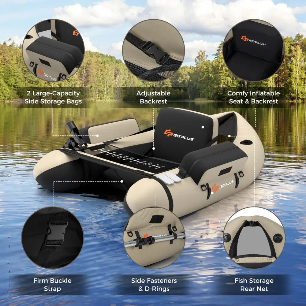 Inflatable Fishing Float Tube with Fish Ruler and Pump Storage Pockets-Beige - Beige - Surfing