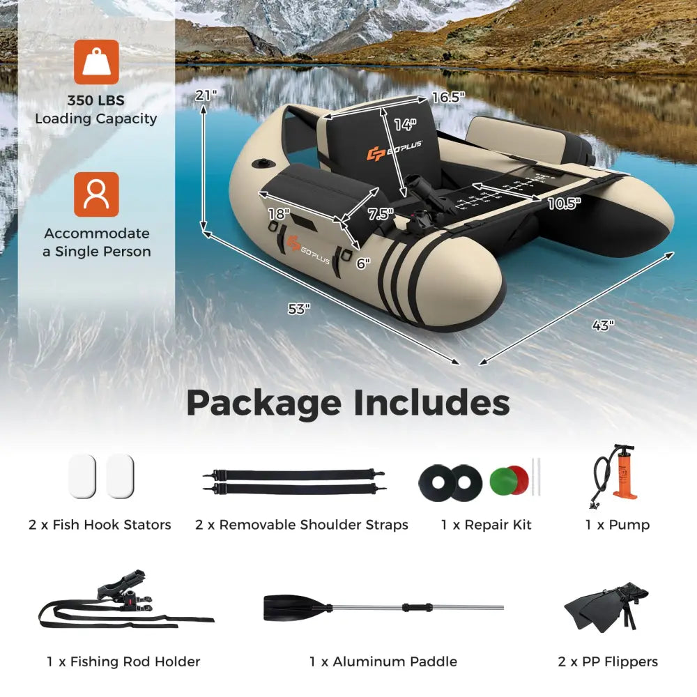 Inflatable Fishing Float Tube with Fish Ruler and Pump Storage Pockets-Beige - Beige - Surfing