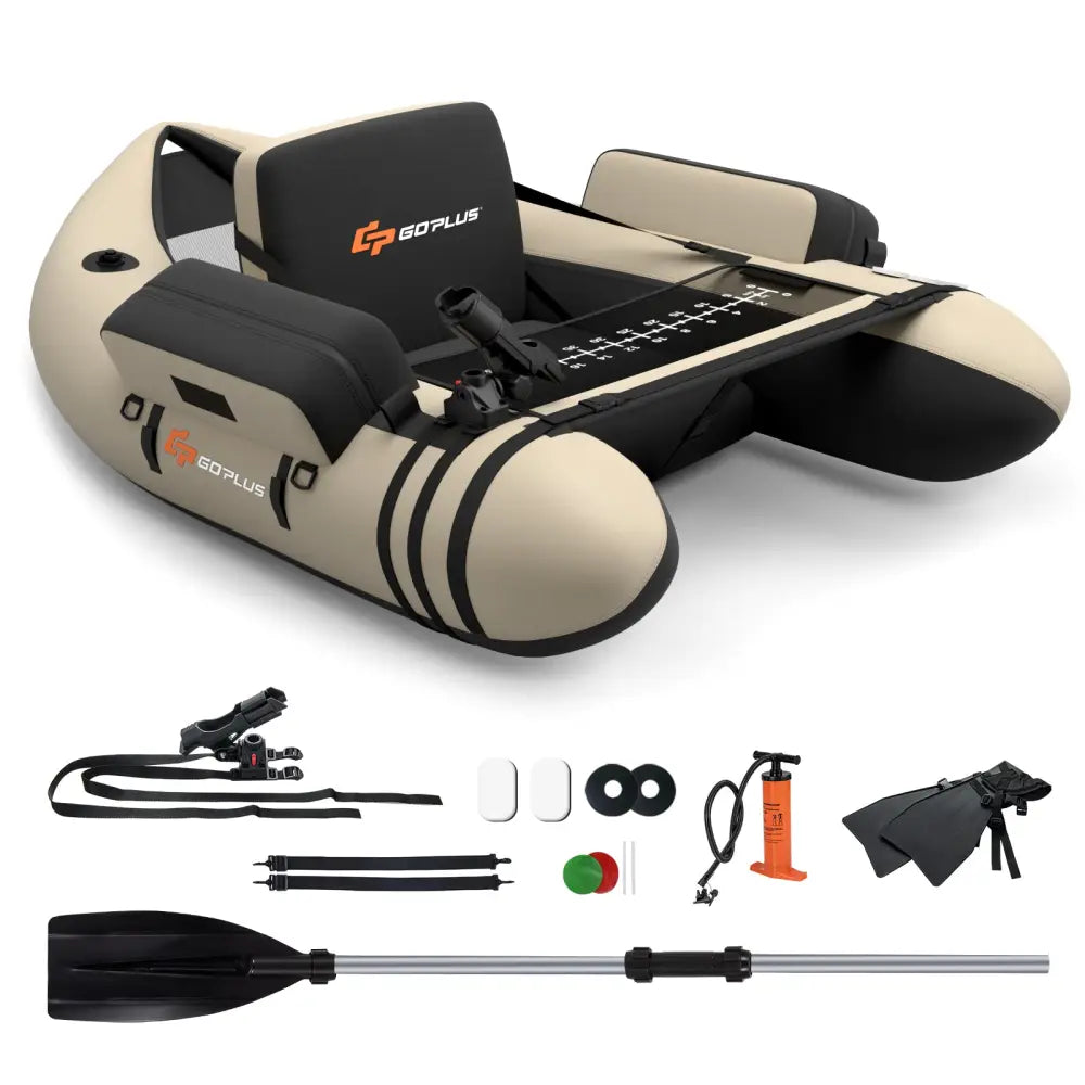 Inflatable Fishing Float Tube with Fish Ruler and Pump Storage Pockets-Beige - Beige - Surfing