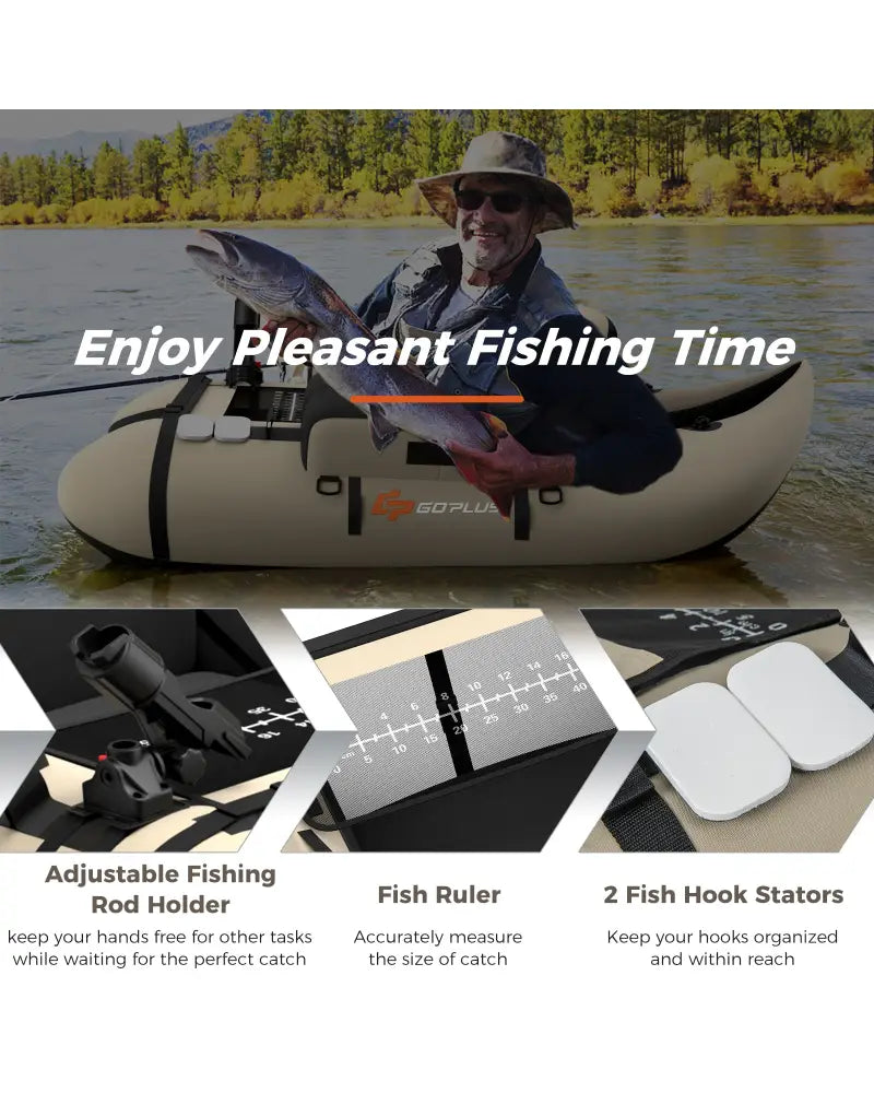 Inflatable Fishing Float Tube with Fish Ruler and Pump Storage Pockets-Beige - Beige - Surfing
