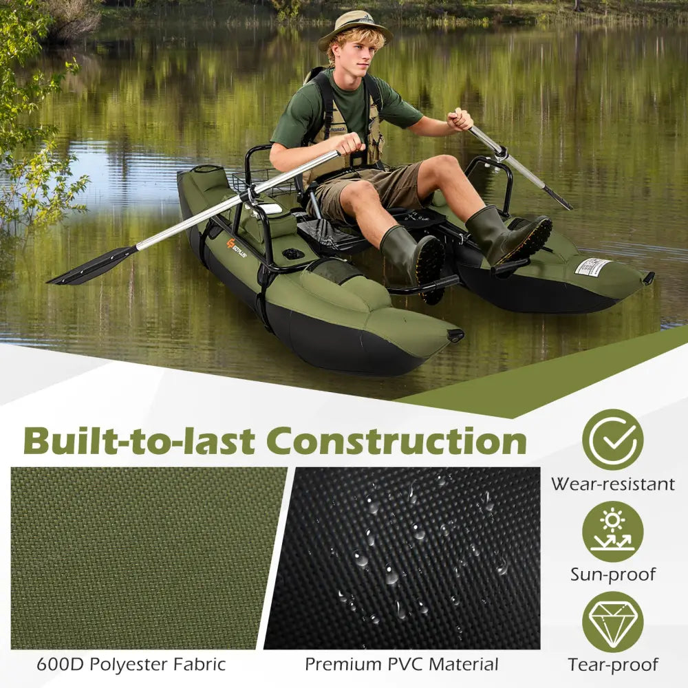 Inflatable Fishing Float Tube with Foldable Padded Seat and Adjustable Footrest-Green - Green - Water Sports