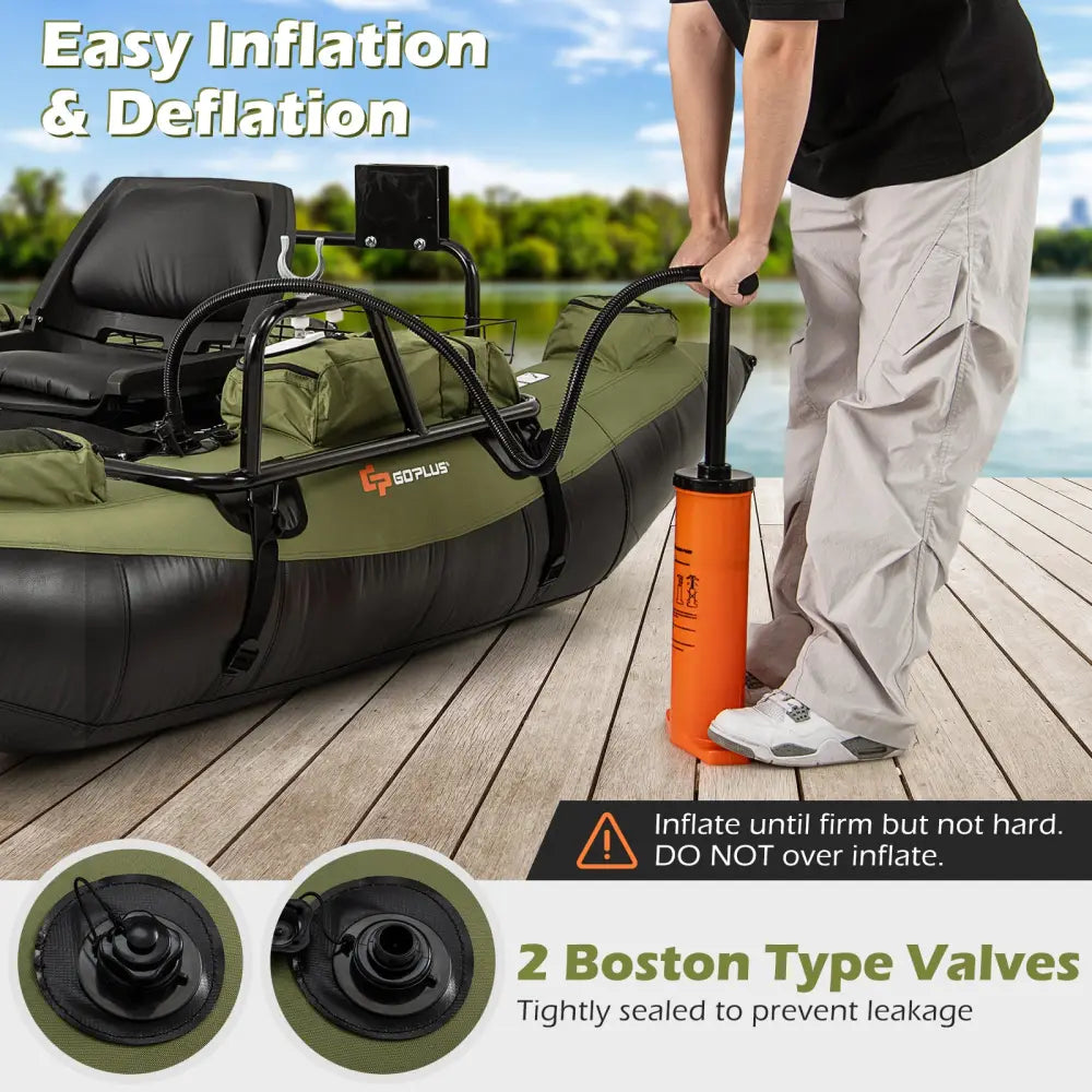 Inflatable Fishing Float Tube with Foldable Padded Seat and Adjustable Footrest-Green - Green - Water Sports