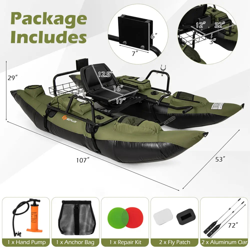Inflatable Fishing Float Tube with Foldable Padded Seat and Adjustable Footrest-Green - Green - Water Sports