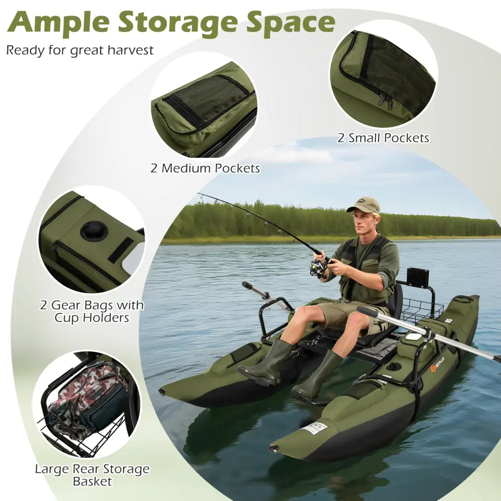 Inflatable Fishing Float Tube with Foldable Padded Seat and Adjustable Footrest-Green - Green - Water Sports