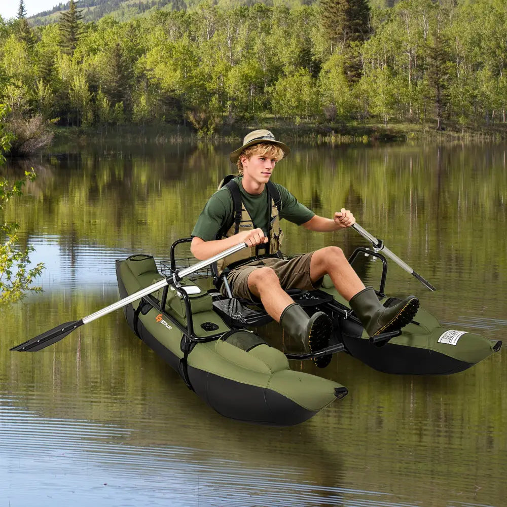 Inflatable Fishing Float Tube with Foldable Padded Seat and Adjustable Footrest-Green - Green - Water Sports