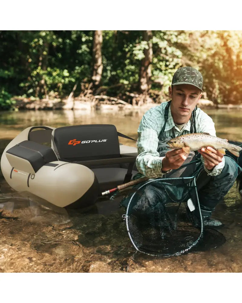 Inflatable Fishing Float Tube with Pump Storage Pockets and Fish Ruler-Beige - Beige - Surfing