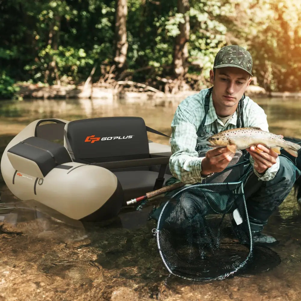 Inflatable Fishing Float Tube with Pump Storage Pockets and Fish Ruler-Beige - Beige - Surfing