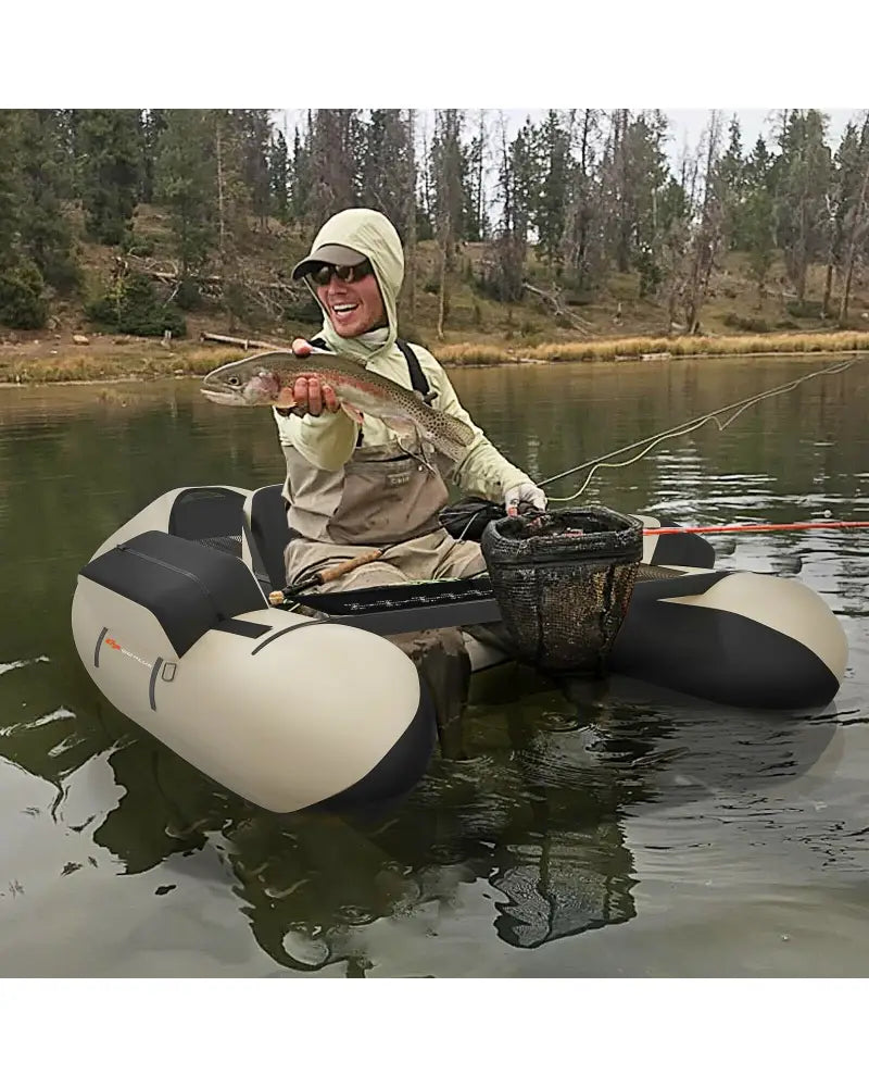Inflatable Fishing Float Tube with Pump Storage Pockets and Fish Ruler-Beige - Beige - Surfing