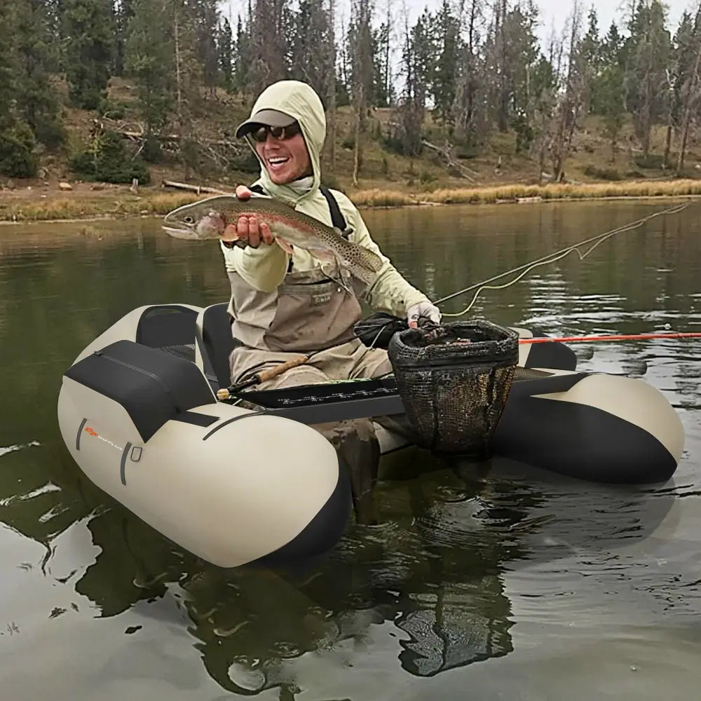 Inflatable Fishing Float Tube with Pump Storage Pockets and Fish Ruler-Beige - Beige - Surfing