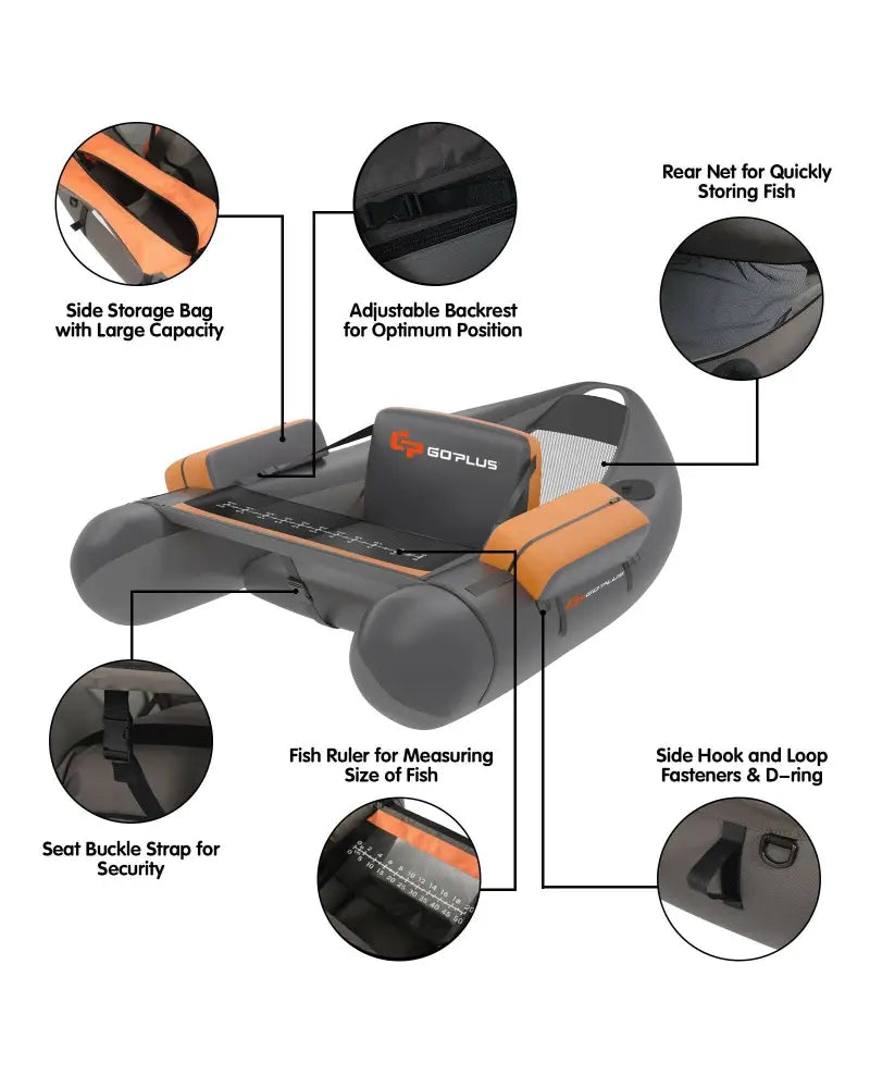 Inflatable Fishing Float Tube with Pump Storage Pockets and Fish Ruler-Gray - Gray - Surfing