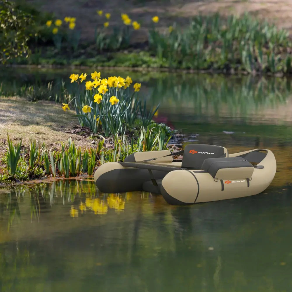 Inflatable Fishing Float Tube with Pump Storage Pockets and Fish Ruler-Beige - Beige - Surfing
